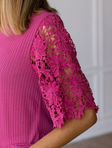 Pink Waffle Lace Knit Top